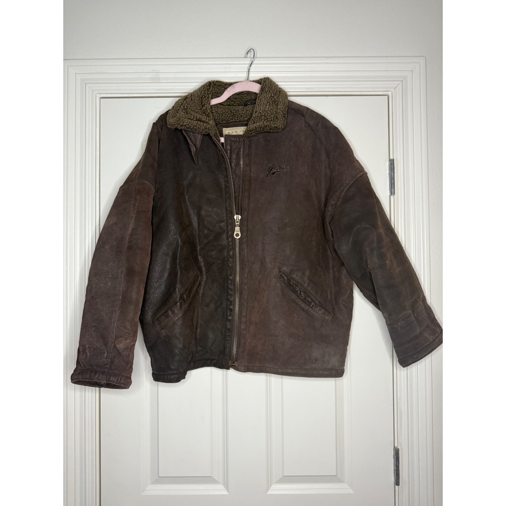 VTG Guess Brown Leather Bomber Jacket Sherpa Inside Full Zip Size S Chin Strap